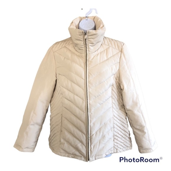 Kenneth Cole Reaction Womens Cream Chevron Quilted Down Feather Puffer Jacket L - Picture 1 of 14